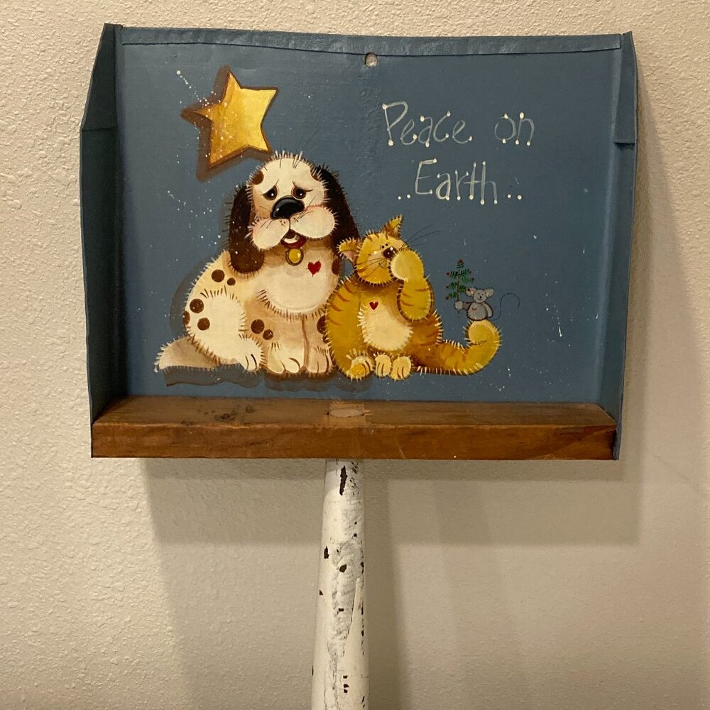 Christmas Wall Hanging - Painted Animals on Antique Dustpan Hand Painted Dog Cat